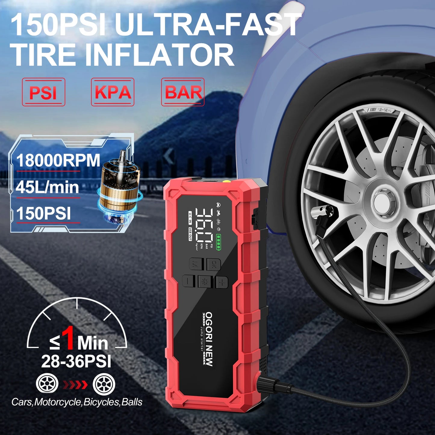 Jump Starter with Air Compressor 150PSI, 7000/8000A Portable Car Battery Booster (All Gas/16L Diesel)