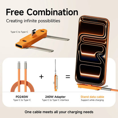 2-IN-1 Type-C Cable Foldable Mobile Phone Holder 240W Fast Charging Data Cable USB C TO USB C Phone Charge Bracket Dual PD cable