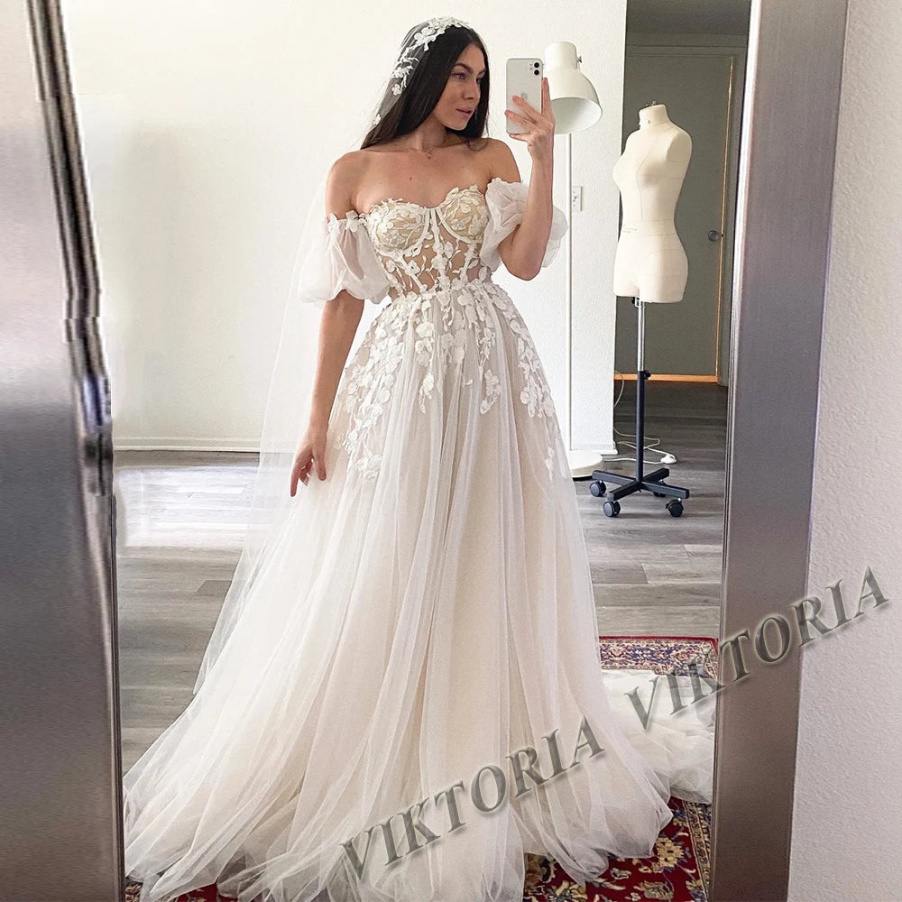VIKTORIA Fashionable A-line Wedding Dresses for Women Sweetheart Long Sleeves Pleat Appliques Zipper Robe De Soiree De Mariage