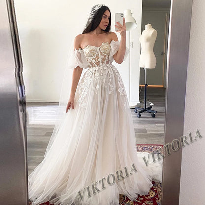 VIKTORIA Fashionable A-line Wedding Dresses for Women Sweetheart Long Sleeves Pleat Appliques Zipper Robe De Soiree De Mariage