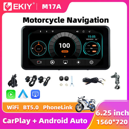 EKIY 6.25" Wireless CarPlay Moto Android Auto Portable Digital Dashboard GPS Motorcycle Navigation Display Screen TPMS Monitor