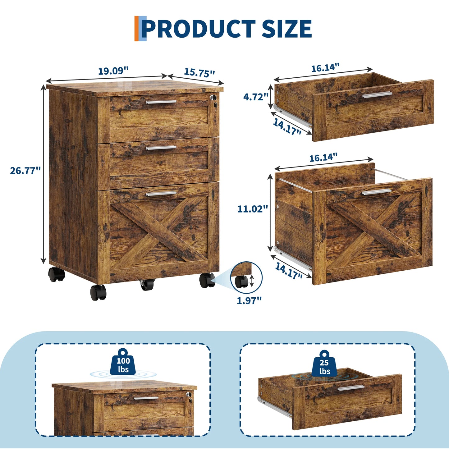 3 Drawer Rolling File Cabinet with Lock & Casters, Wooden Mobile Storage Organizer Printer Stand, Fits A4/Letter for Home Office