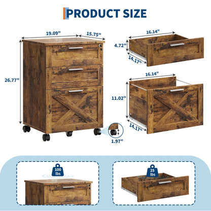 3 Drawer Rolling File Cabinet with Lock & Casters, Wooden Mobile Storage Organizer Printer Stand, Fits A4/Letter for Home Office
