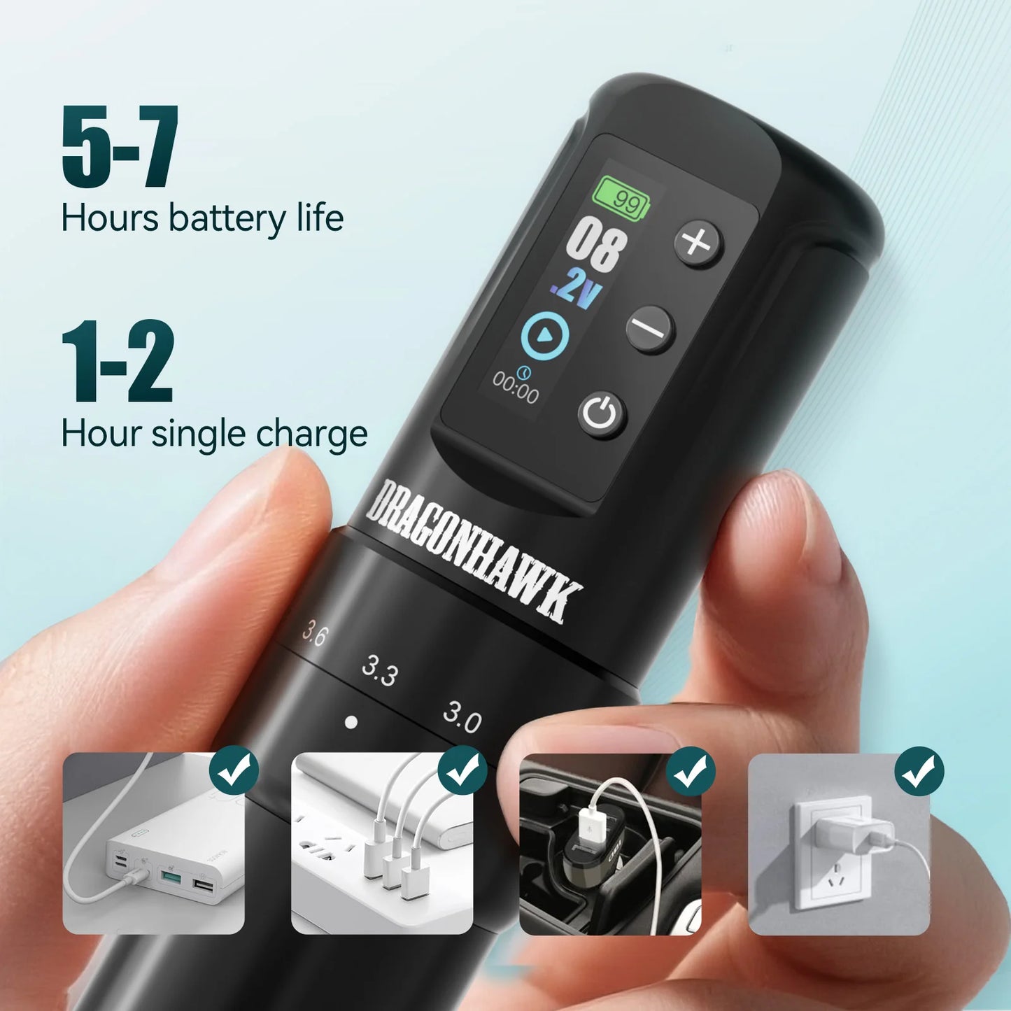 Dragonhawk Wireless Tattoo Machine 7 Strokes Length Power By Mcore-A3 Wireless Wire Battery RCA  Pen Rotary Gun Supplies