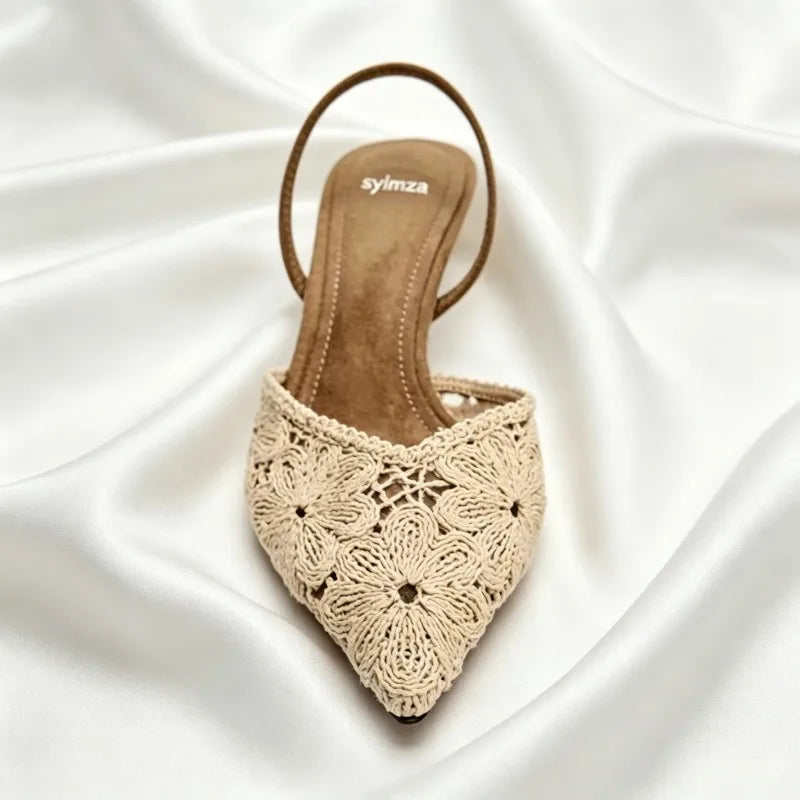 Luxury Embroidered Woven Slingback Heels for Women High-quality Faux Suede Stiletto Sandals Elegant Pointed-toe Designer Shoes