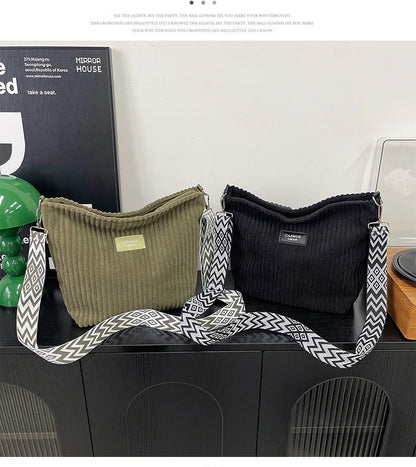 Solid Color Corduroy Messenger Bag Versatile Handbag Women Shoulder Crossbody Bags Casual Chic Bucket Women‘s Bag Bolsos Mujer