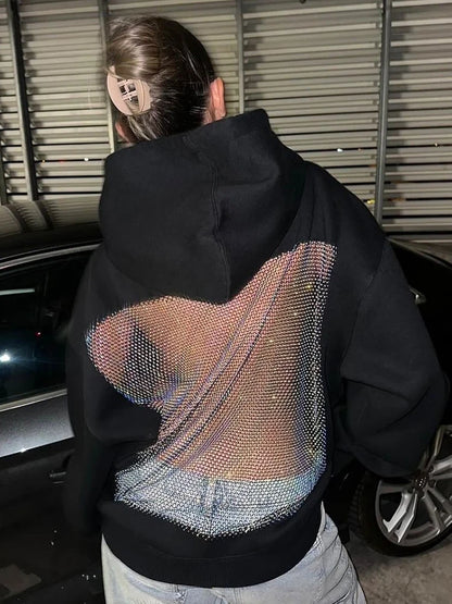 Weird Puss Harajuku Hooded Sweatshirt Women Autumn Trend Backless Glitter Mesh Patchwork Casual Streetwear Hipster Pulloverr