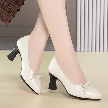 Womens Elegant Bow Decor Block Heel Pumps Smooth Faux Leather Upper Pointed Toe Design Comfort Cushioned Insole NonSlip Outsole