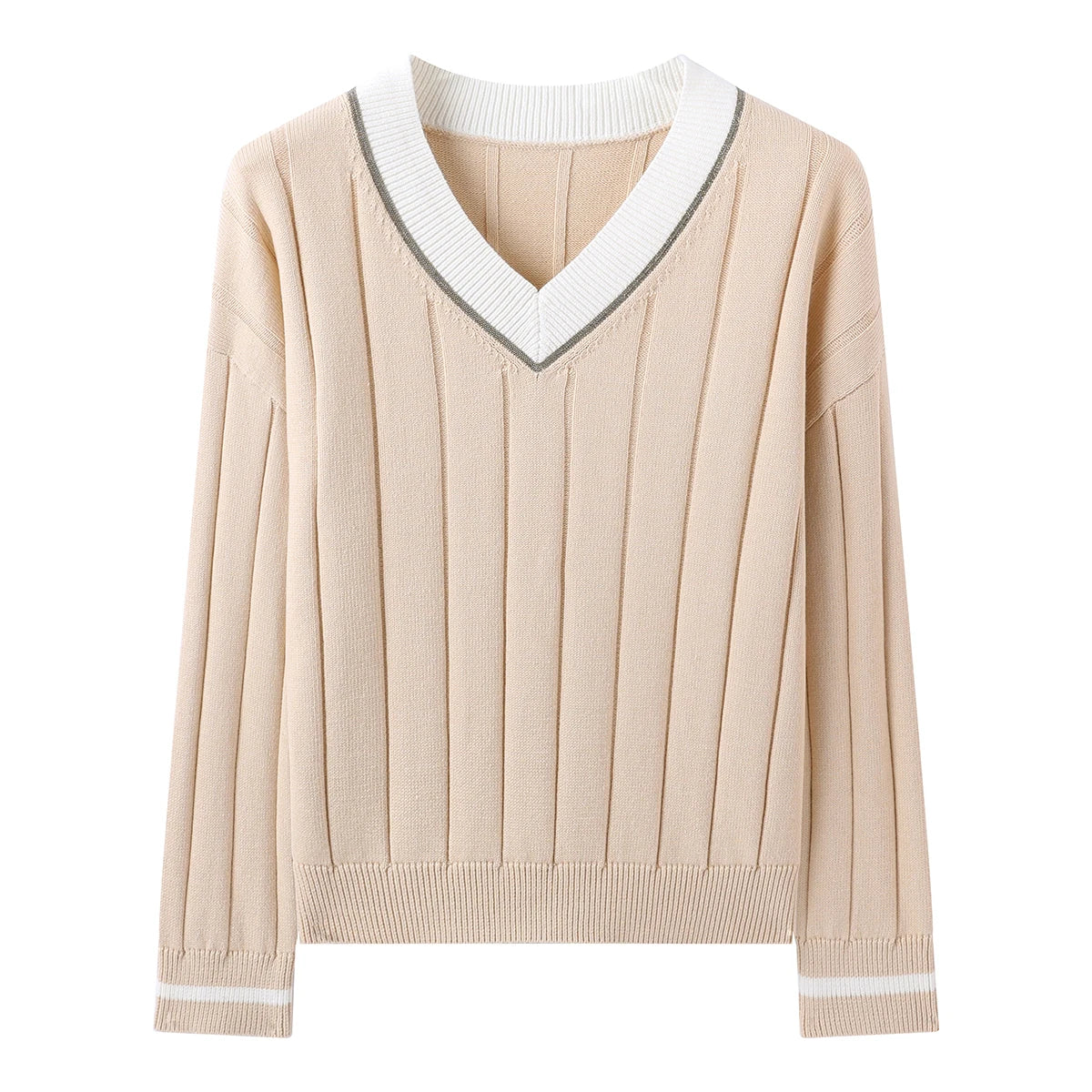 BY4521246 Women's Luxurious V-Neck Long Sleeve Sweater 100% Cotton Casual Knitted Pullover Fall Winter 2025