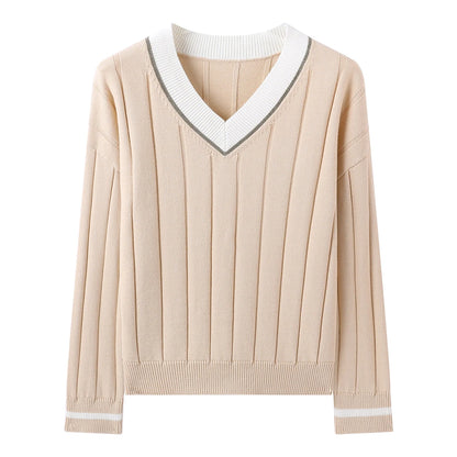 BY4521246 Women's Luxurious V-Neck Long Sleeve Sweater 100% Cotton Casual Knitted Pullover Fall Winter 2025