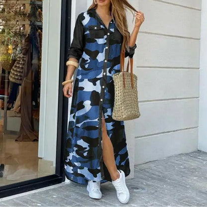 New Autumn Long Dress Long Sleeve Shirt Dress Women Denim Long Dresses Pocket Button Shirt Print Dress Casual Loose Dresses 2023