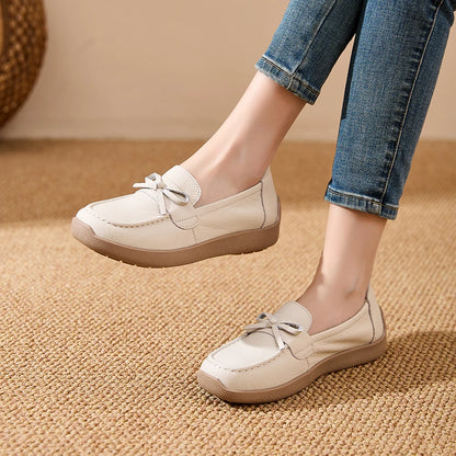 AIYUQI Women Bow Genuine Leather Loafers Slip‑on Platform Women Flat Shoes Mother Shoes Ladies Casual Walking Moccasins