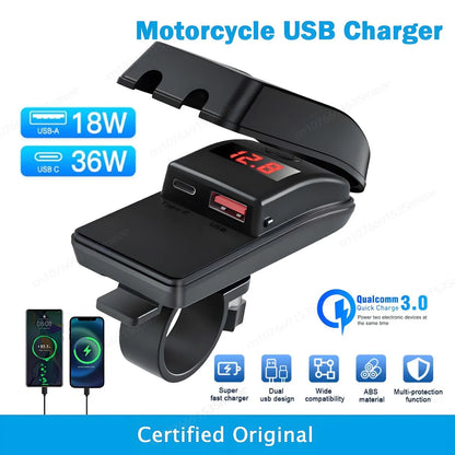 NEW PD QC3.0 Motorcycle USB Fast Charger 60W Handlebar Dual USB Socket with LED Voltmeter Waterproof 12-24V Power Supply Adapter
