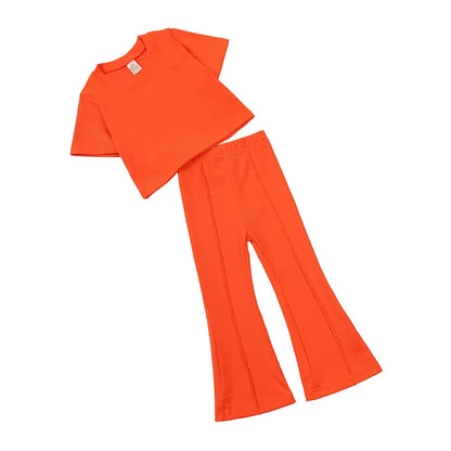 Summer Girls Bell Bottom Outfits 2Pcs Solid T-Shirt Tops + Flared Pants Suit Toddler Kids Fashion Tracksuit Children Clothes
