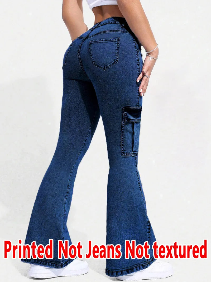 8175 [Printed Pants - Not Faux Denim Fabric][Imitation Faux Denim Flare Pants] Printed Flare Trousers Without Texture