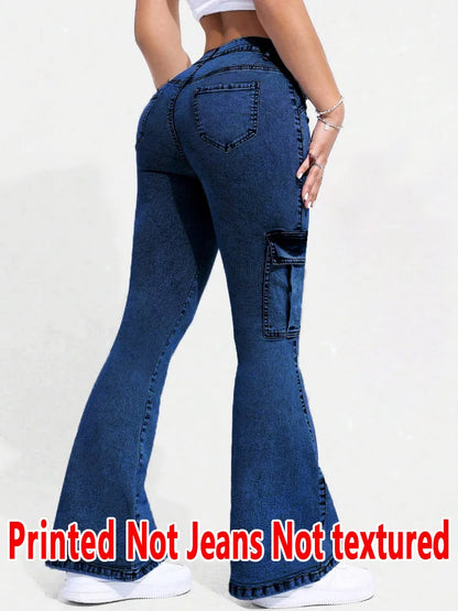 8175 [Printed Pants - Not Faux Denim Fabric][Imitation Faux Denim Flare Pants] Printed Flare Trousers Without Texture