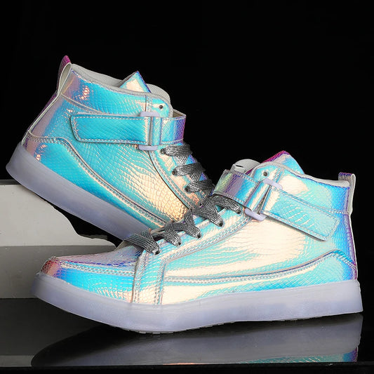 High Top Board Shoes for Men Women Color-changing Luminous Shoes LED Light Shoes Sneakers Mirror Leather Panel Shoes Large 35-46
