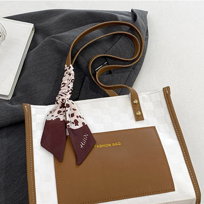 Patchwork Contrast Color Handbag Women's Casual Fashion Tote Bag Large Capacity Single Shoulder Bag Women's Silk Scarf Bag