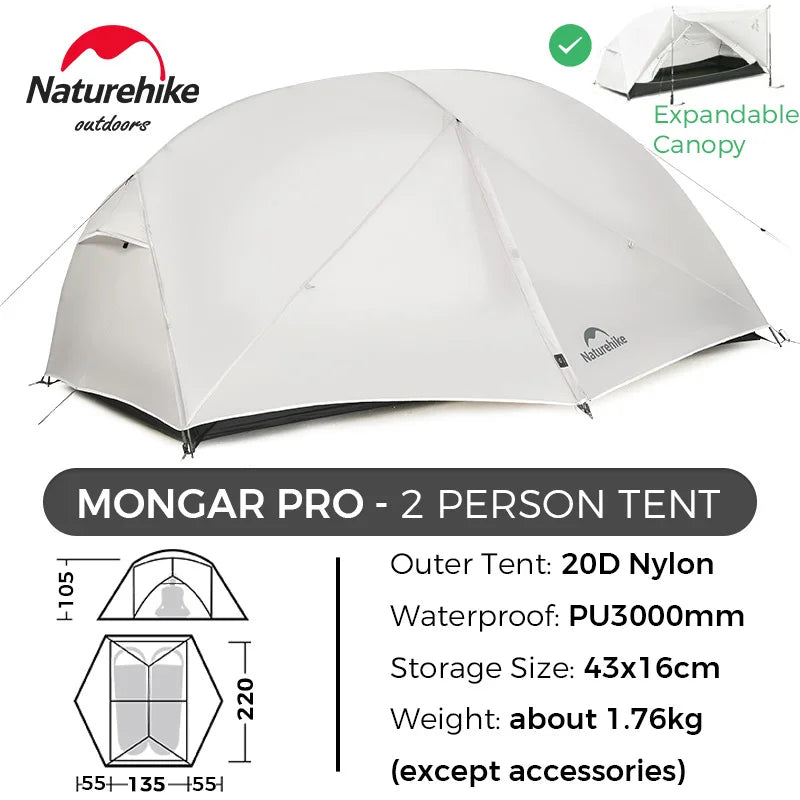 Naturehike Mongar 2 UL/PRO 1-2 Person Backpacking Tent Nylon Waterproof Ultralight Travel Trekking Shelter Tent with Footprint