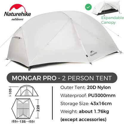 Naturehike Mongar 2 UL/PRO 1-2 Person Backpacking Tent Nylon Waterproof Ultralight Travel Trekking Shelter Tent with Footprint