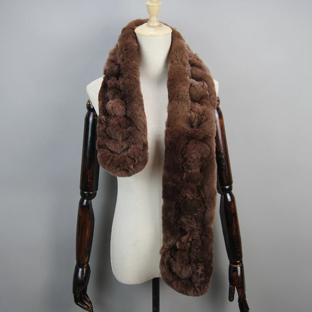 Winter Women Knitted Real Rex Rabbit Fur Scarf Natural Soft Long Style Rex Rabbit Fur Muffler Lady Warm 100% Genuine Fur Scarves