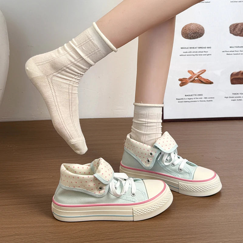 New High Help Canvas Shoes Dots Women's Casual Shoes Woman Vulcanize Sneakers Comfortable Sport Walking Platform Flats Shoes 015