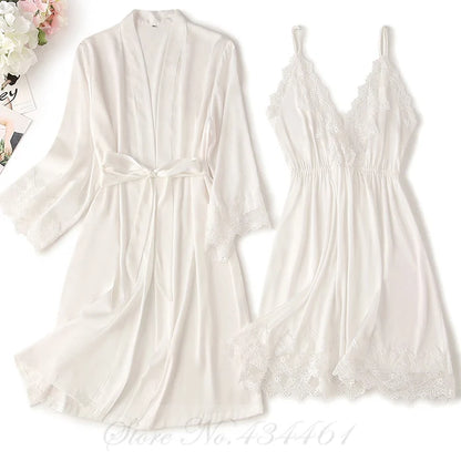 Burgundy 2PCS Robe Set Nightgown Sexy Lace Kimono Bathrobe Gown Nightdress Sleepwear Summer Satin Loose Home Wear Loungewear