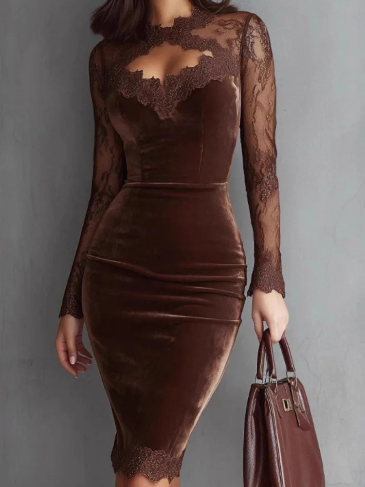 New Sexy Lace See-through Long-sleeved Dress Spring Summer Elegant V-neck Lace Patchwork Waist-covering Hip Dress Robe Femme