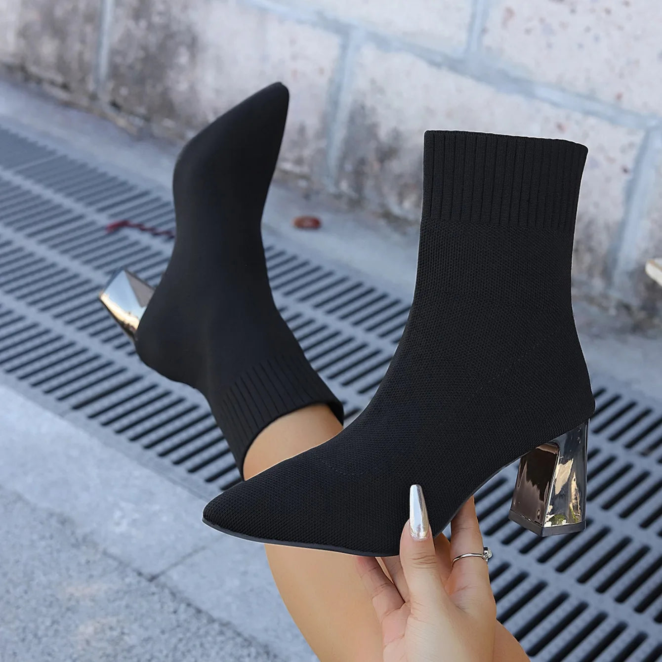 Women Fashion Ankle Boots Autumn Pointy Solid Color Stretch Knitted Sock Boots Women Chunky Slip on Plus-size Shoes for Women