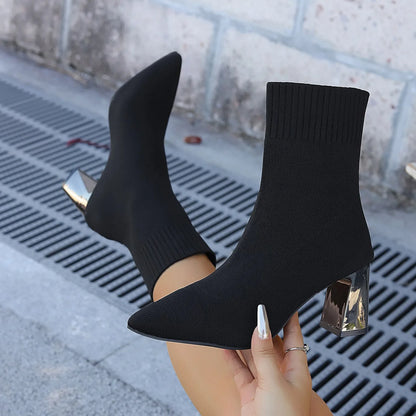 Women Fashion Ankle Boots Autumn Pointy Solid Color Stretch Knitted Sock Boots Women Chunky Slip on Plus-size Shoes for Women