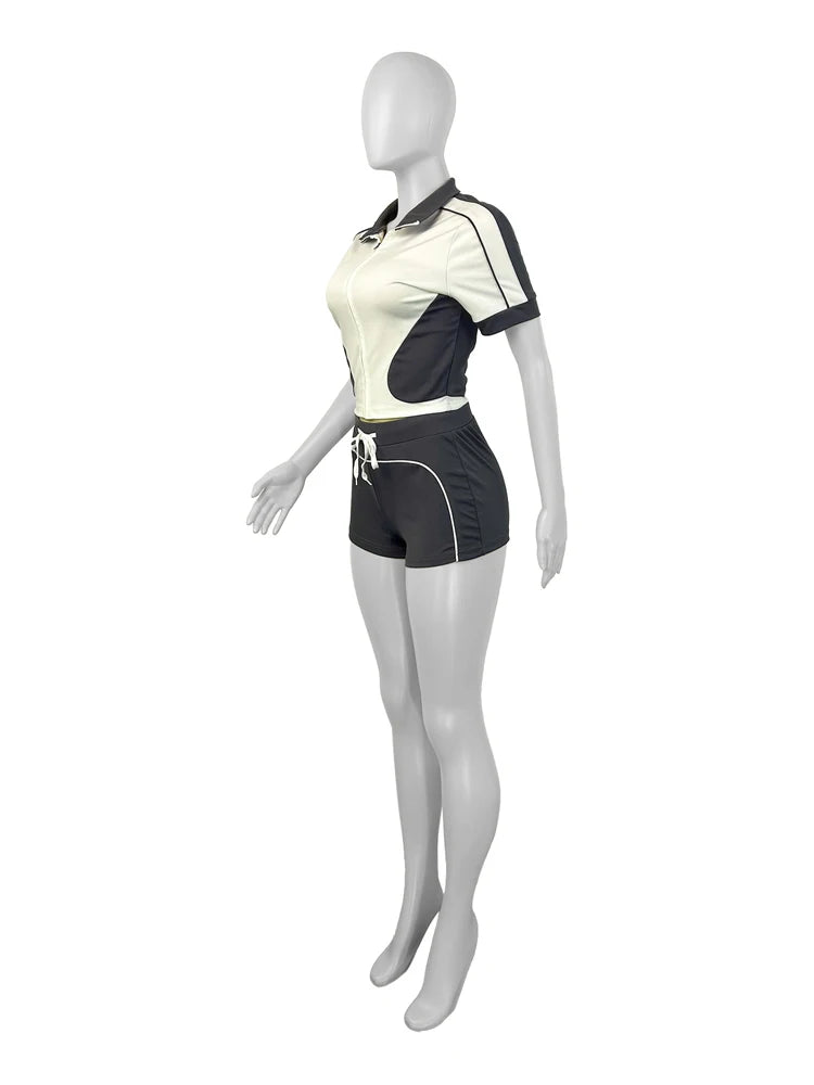 Women Sets Outfit Summer Streetwear Panelled Two Tone Slim Sports Short Sleeve Shorts Suits Zip Crop Tops Casual 2 Two Piece Set