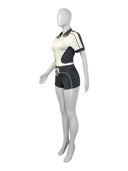 Women Sets Outfit Summer Streetwear Panelled Two Tone Slim Sports Short Sleeve Shorts Suits Zip Crop Tops Casual 2 Two Piece Set