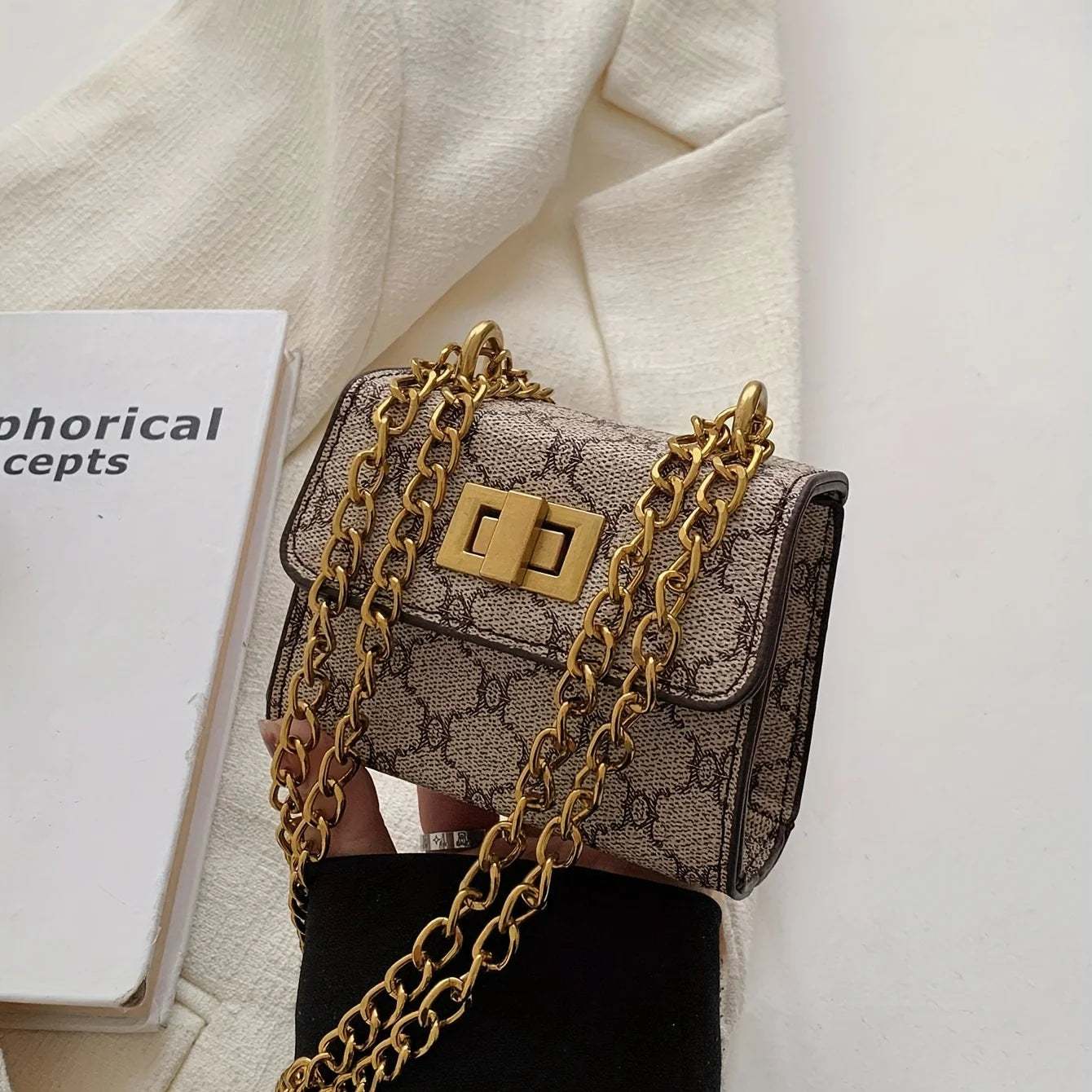 Stylish Mini Crossbody Bag with Geometric Pattern Faux Leather Buckle Closure Painted Edge Detail Faux Leather Lining Purse