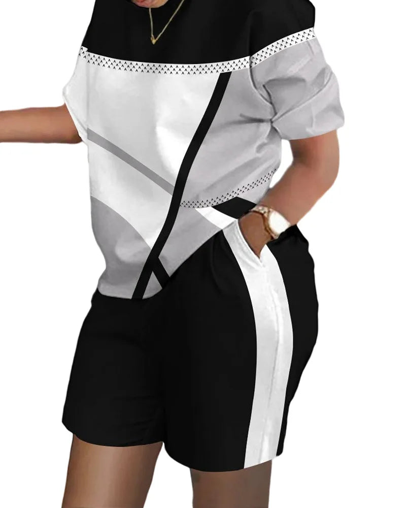 Ladies Casual Summer Two Piece Sets Printed Shorts Sets Women Round Neck Short Sleeve T Shirts Pullover High Waist Trousers Suit