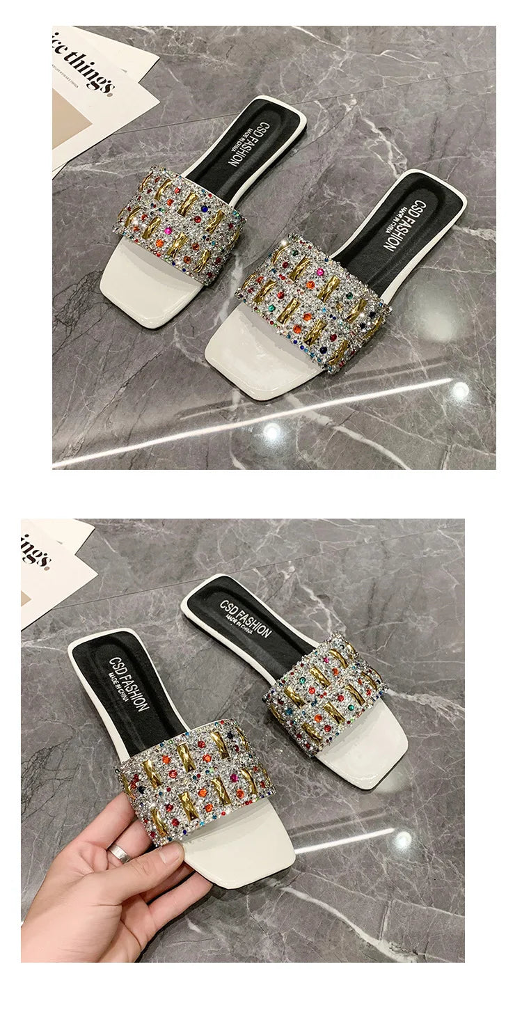 Slippers for Women Shiny Rhinestone Sandals Women Outdoor Beach Casual Shoes Sexy Fashion Big Size Flat Shoes Sandalias De Mujer