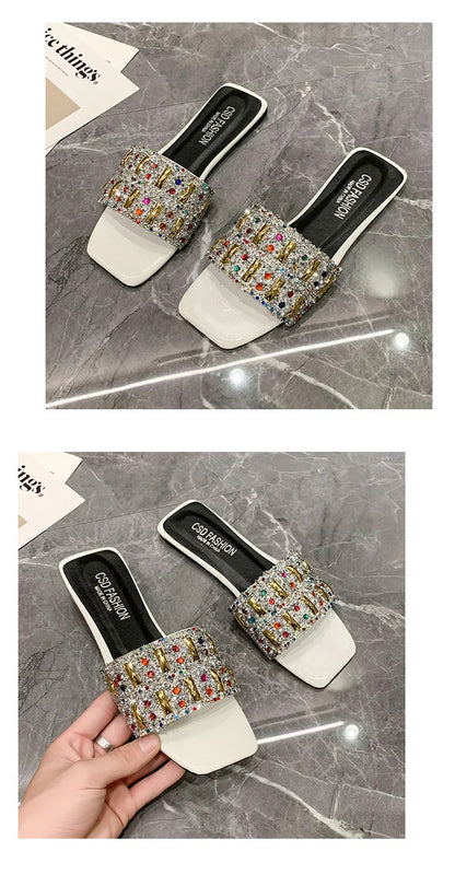 Slippers for Women Shiny Rhinestone Sandals Women Outdoor Beach Casual Shoes Sexy Fashion Big Size Flat Shoes Sandalias De Mujer