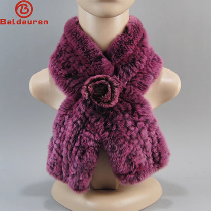 Hot Russian Women Knit Real Rex Rabbit Fur Scarf Lady Fashion Floral Rex Rabbit Fur Mufflers Hot Winter Warm Natural Fur Scarves