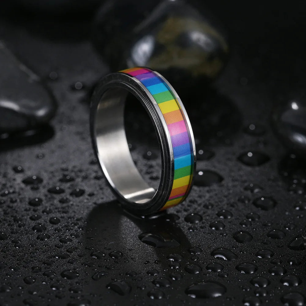 Rainbow Color Anxiety Rings For Women Men Stainless Steel Rotate Freely Fidget Spinning LGBT Pride Ring Accessories Jewelry