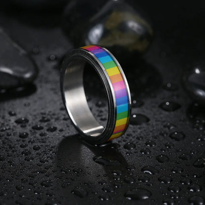 Rainbow Color Anxiety Rings For Women Men Stainless Steel Rotate Freely Fidget Spinning LGBT Pride Ring Accessories Jewelry