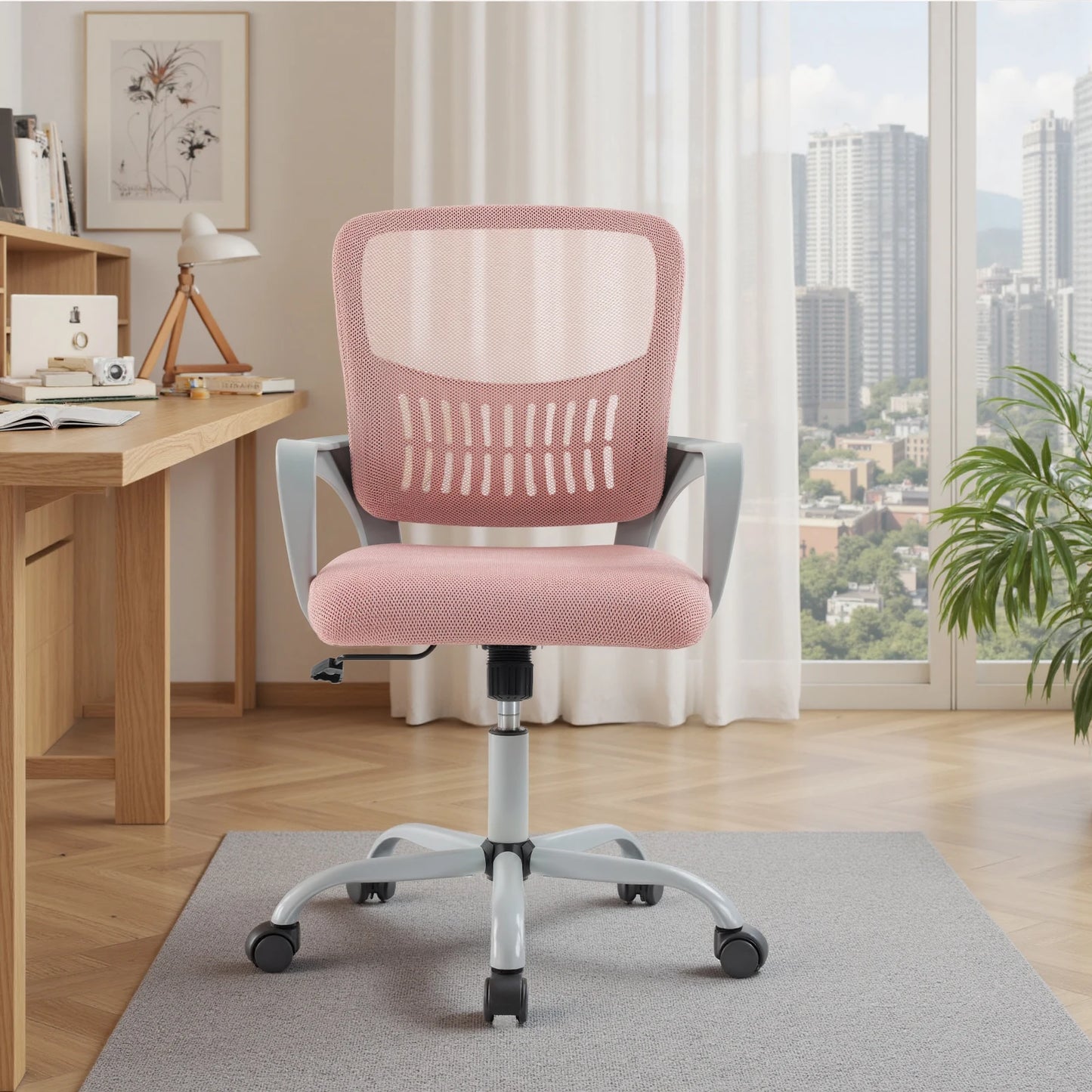 MCQ Fixed Armrest Office Desk Chair Ergonomic Mid Back with Lumbar Support Height Adjustable 360° Swivel Computer Gaming Chair