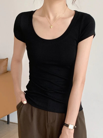Cotton short sleeved women's T-shirt for summer, slim fit and slimming, versatile waist design, front shoulder, U-neck