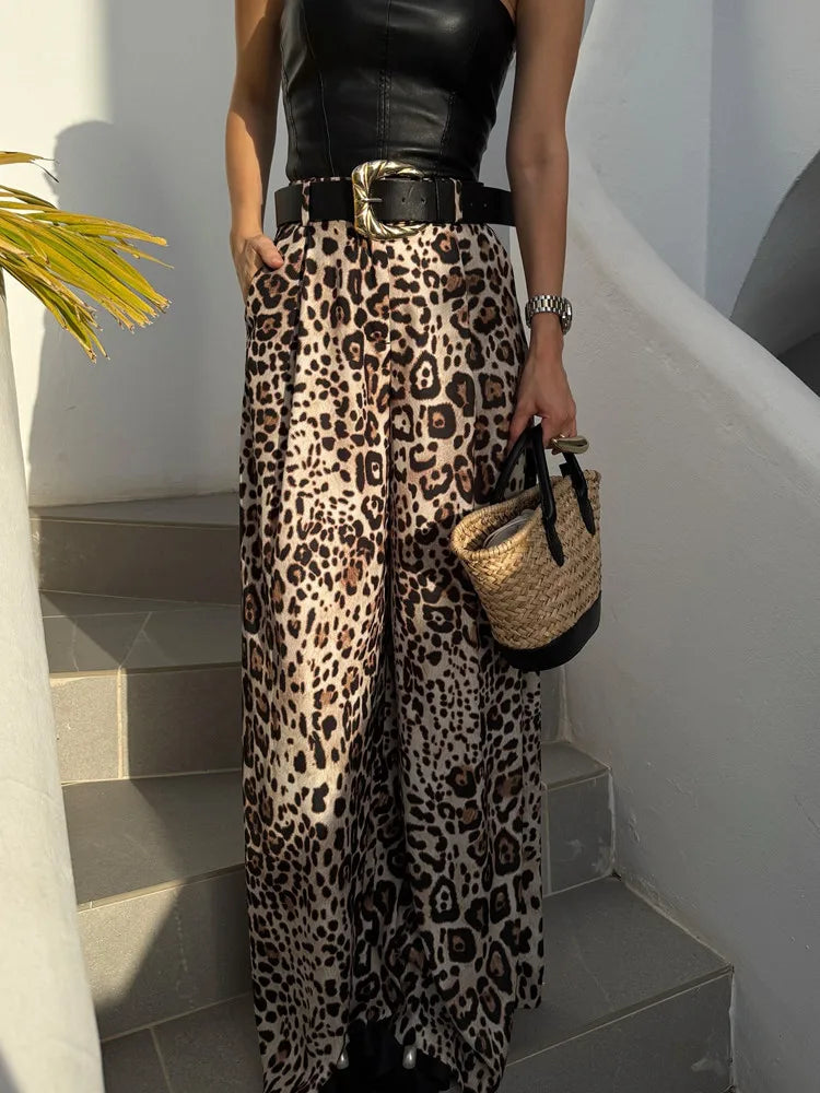 UNIZERA Leopard Satin with Belt High Waisted Trousers Wide Leg Pants Women's Clothing 2025 Summer New Arrivals Casual Pants