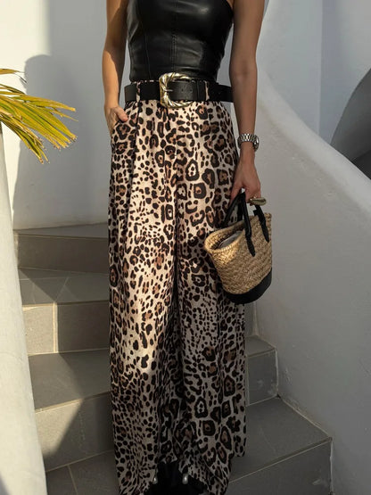 UNIZERA Leopard Satin with Belt High Waisted Trousers Wide Leg Pants Women's Clothing 2025 Summer New Arrivals Casual Pants