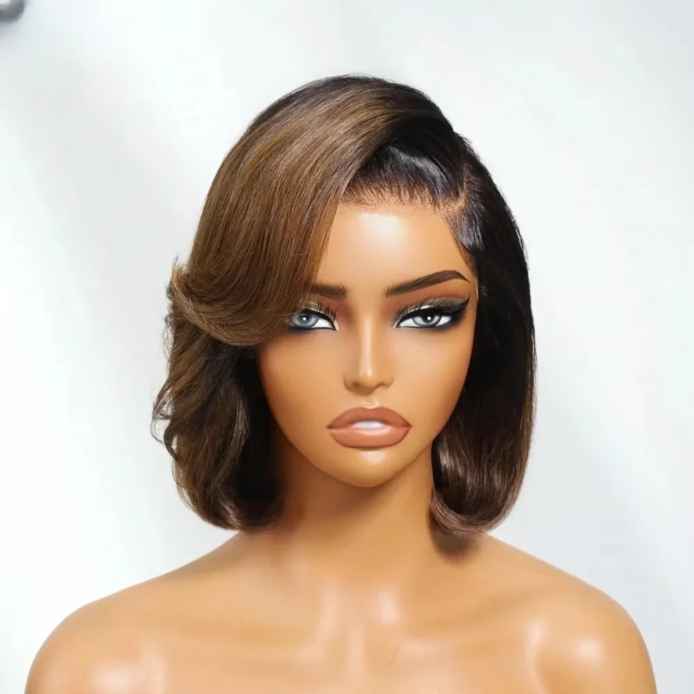 Glueless Bob Soft Preplucked Ombre Brown Lace Front Wig For Women 14Inch 180Density Straight Synthetic With Baby Hair Daily