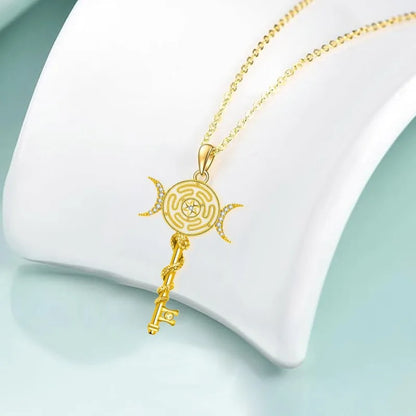 Hekate Wheel Necklace for Women Men 18K Gold Plated Snake Key Triple Moon Goddes Pendant Necklaces Pagan Jewelry