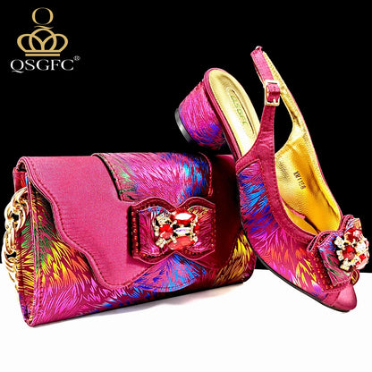 QSGFC Italian Design Color Matching Rhinestone Comfortable High Heel Shoes And Bag Fashion Style Pointed-Toe Shoes For Women
