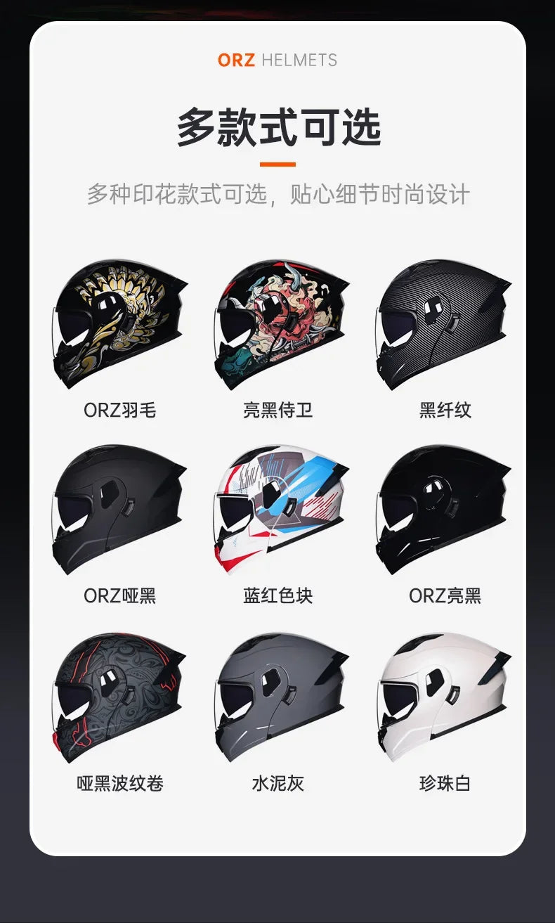 ORZ-103 Motorcycle Dual-Lens Helmet Men Women Bluetooth Full Helmet All Seasons Flip Helmet with Tail Wing DOT Certification