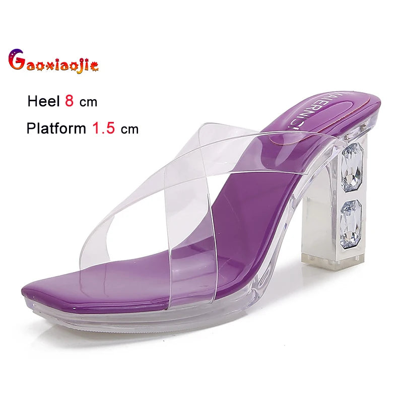 2025 Red High Heels 8cm Women Shoes Rhinestone Thick Heels Square Toe Ladies Pumps Cross Tie Straps Slippers Sandals Party Shoes