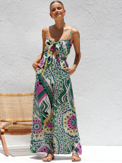 Summer New Print Spaghetti Strap jumpsuits Women Sexy Low Cut Bowknot Bowknot High Waist Wide Leg Jumpsuit Vacation Style Female