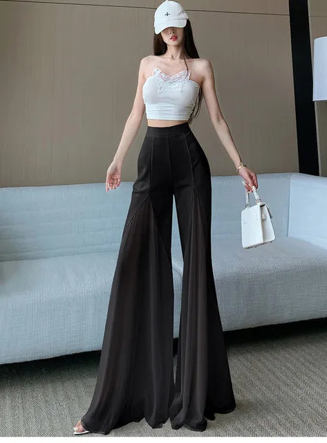 White mesh fishtail flared pants women summer thin design high waist hanging feeling elegant chiffon wide leg casual pants